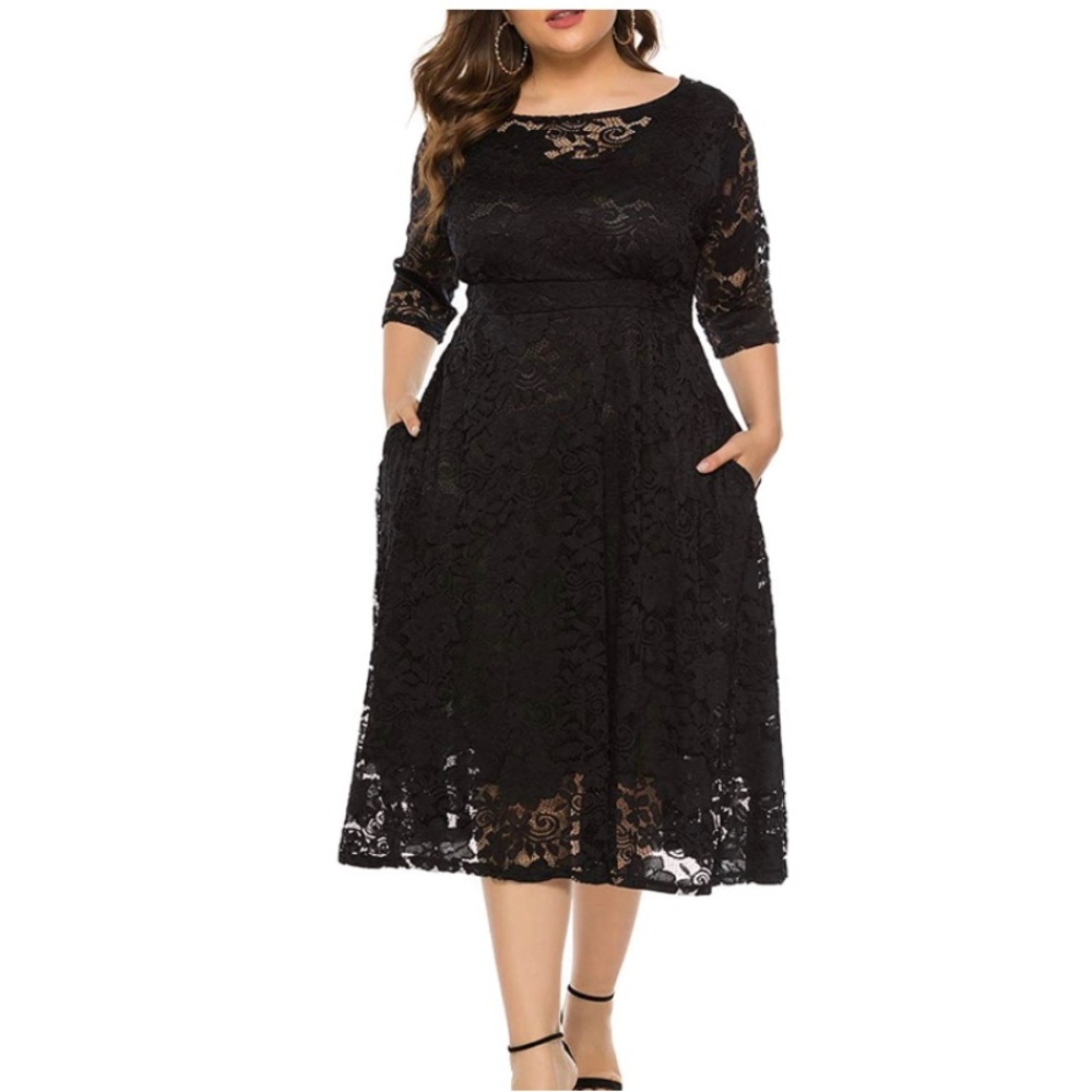Womens Floral lace Plus Size Midi Scooped Neckline Cocktail Party Dress black 4X